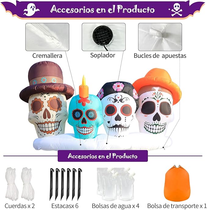 DomKom Halloween Inflatable Blow Up Decorations, Dia de Los Muertos 8FT Day of Dead Catrina Skulls, Built-in LEDs for Holiday Party, Garden, Lawn, Yard, Patio Décor