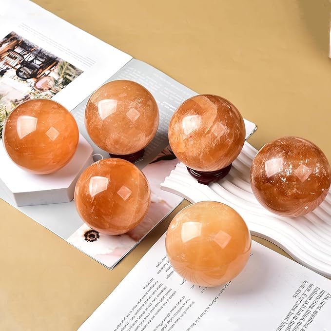 JIC Gem Stripe Orange Calcite Sphere Ball 3.5inch with Wood Stand for Fengshui Healing and Decoration