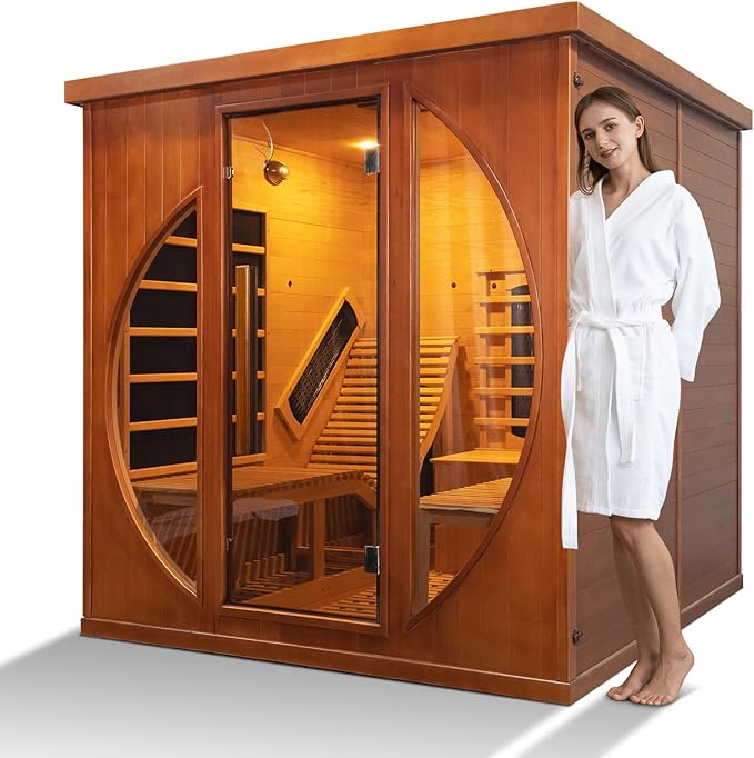Cedar Infrared Sauna Room with Recliner, 2 Person Wood Home Spa Indoor Dry Heat Saunas with 9 Heaters, Bluetooth Speaker, 7 Color Lights, Oxygen Bar (3400W/220V, L 5.9ft x W 5.9ft x H 6.2ft)