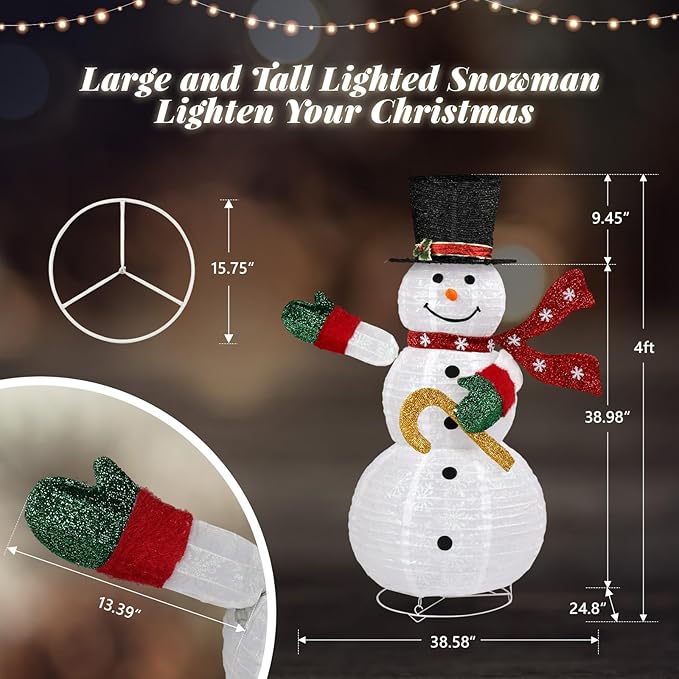Outvita Outdoor Christmas Decorations 4 FT Lighted Snowman, White Foldable Snowman with 100 LED Lights Red Scarf Black Hat, Perfect for Xmas Indoor and Outdoor Lawn Garden Yard Holiday Decor