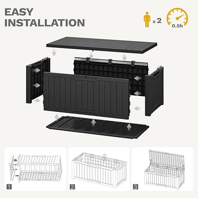 DWVO 120 Gallon Large Deck Box, Outdoor Lockable Storage Bin for Gardening Tools, Patio Cushions, Waterproof Resin (Black)