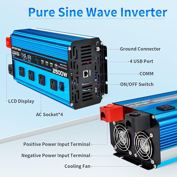 2500w Pure sine Wave Inverter DC 12V to AC 110V/120V Converter, 5000w (Peak) with LCD Display, Wireless/Wired Remote Control, 4AC outlets and 4USB.Ideal for Camping, RV Travel, Off-Grid Solar Systems