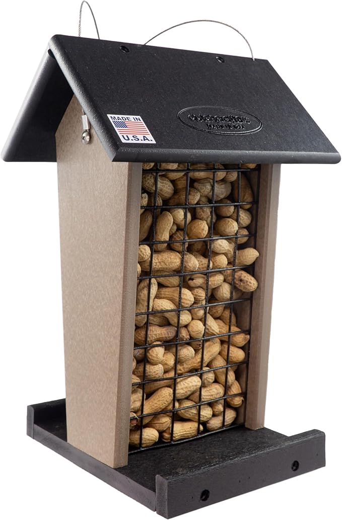 DutchCrafters Plastic Poly Hanging Whole Peanut Bird Feeder for Large Birds, Woodpeckers, Crows, Blue Jays for Outdoor, Garden, Yard - USA Amish Made (Black & Weatherwood)