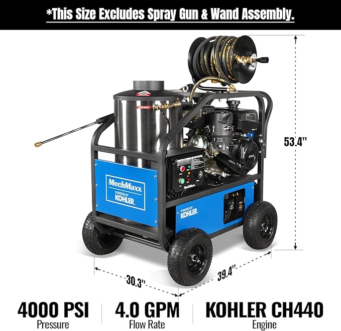 4000 PSI 4 GPM Kohler 429 cc 14 HP E-Start Gas Engine Hot Water Pressure Washer with Hose Reel, Model HPW40K