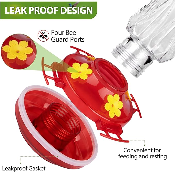 Hummingbird Feeders for Outdoors Hanging, BOLITE Glass Hummingbird Feeder, 4 Bee Guard Feeding Ports, Built-in Ant Moat, Leak Proof, 15 Ounces, Stars Decor, Red, 2 Pack, Gifts for Women Men