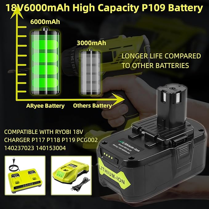 ARyee 18V Battery 6.0Ah 2-Pack, Replacement for Ryobi P107 P108 P109 Cordless Tools, Lithium-Ion Battery for Ryobi One+ 18V Power Tools