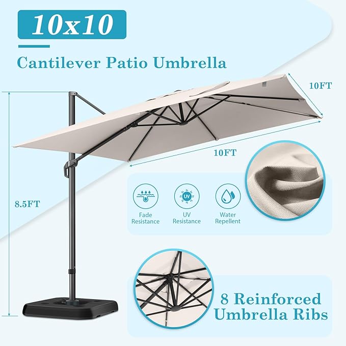 Hotime 10x10ft Large Cantilever Patio Umbrellas - Upgrade and Intensify - with 360 Rotation and 5 Angles Adjustment - Aluminum Offset Pool Umbrella Square Outdoor Umbrella for Patio Garden
