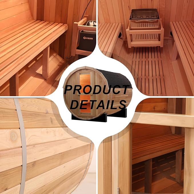 Outdoor Barrel Steam Sauna, 4-6 Person Wood Sauna Room with 6kw Toule Electric Heater with Sauna Stone, Canadian Red Cedar Wooden Sauna, Sauna Accessories and Asphalt Shingle Roof (Red Cedar)