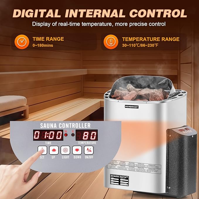 Mxmoonant Sauna Heater, 6KW 220V Electric Sauna Heaters Digital Control Sauna Stove Dry Steam Sauna Bath for Home Hotel Spa Max. 300 Cu.ft with Sauna Hygrothermograph
