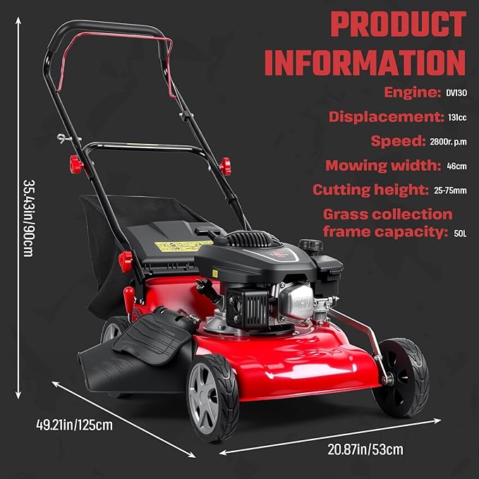 3 in 1 Self-Propelled Lawn Mower, 18 Inch 131cc Gas Powered Walk Behind Mower with Mulch/Side Discharge/Rear Bag, Rear Wheel Drive for Yard & Garden Red