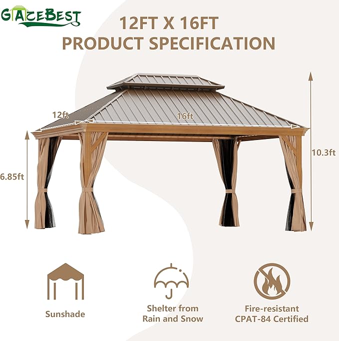 12' X 16' Hardtop Gazebo, Aluminum Wood-Looking Frame Outdoor Permanent Galvanized Steel Double Roof Pavilion Pergola Canopy with Privacy Curtains for Garden, Patio, Backyard, Deck and Lawns.