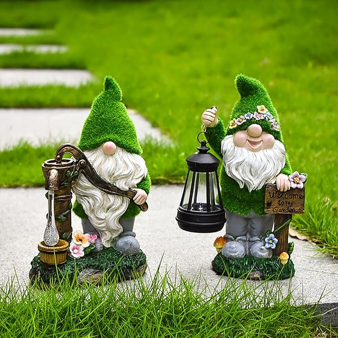 VINIUSIKI Solar Garden Gnome Statues with Water Pump Light, Easter Outdoor Decorations for Porch Patio, Lawn,Gifts for Women and Men, Decorative Resin Statue for Outdoor Patio Yard