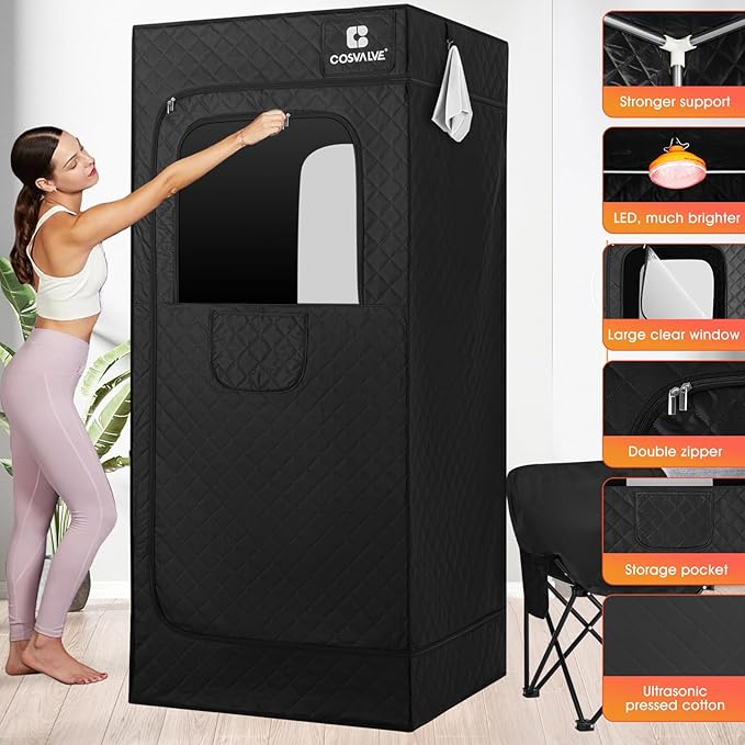 COSVALVE Portable Steam Sauna Box with Red Light for Home with 1200W 3L Steamer, Comfort Folding Chair, Indoor at Home Sauna Tent, Personal Steam Room for Relaxation, 2.6' x 2.6' x 5.9', Black