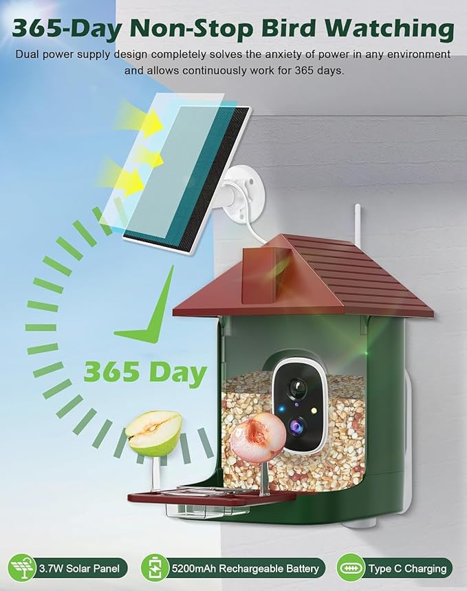 Smart Bird Feeder with Camera Solar Powered, 2.5K Live Video Bird House Camera, AI Identifies, Auto Capture & Notify, Motion Detection, Cloud Storage, Color Night Vision, Ideal Gift for Bird Watching