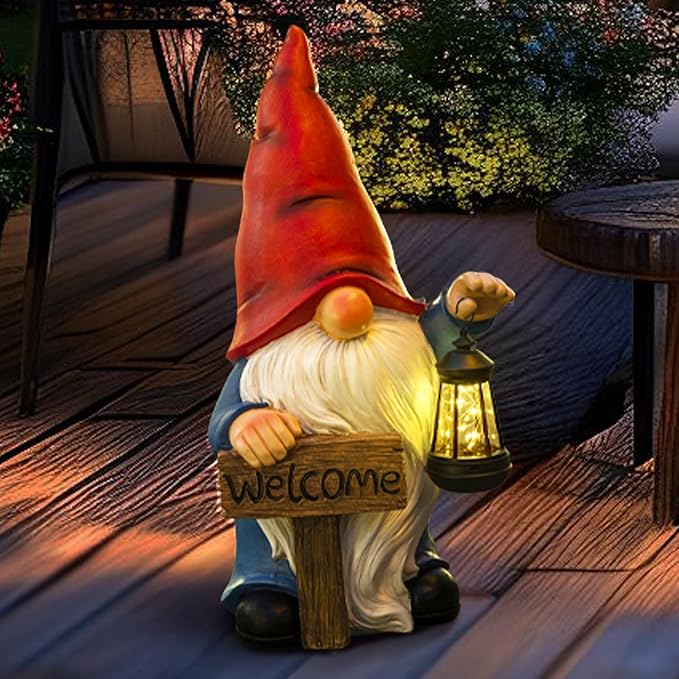 22" Solar Large Gnome Garden Statue Big Gnome with Welcome Sign Outdoor Decor with LED Lantern Home Porch Yard Patio Lawn Ornament Christmas Housewarming Gardening Gift