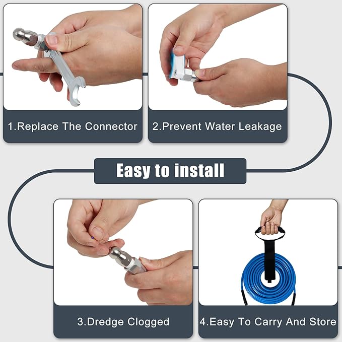 100 FT Sewer Jetter Kit for Pressure Washer, 5800PSI Water Jet Drain Cleaner Hose, 1/4 Inch NPT Corner with 4 Sewer Jetting Nozzles, Pearl Corsage Pin, Waterproof Tape, Handle Strap&2 Spanner (Blue)