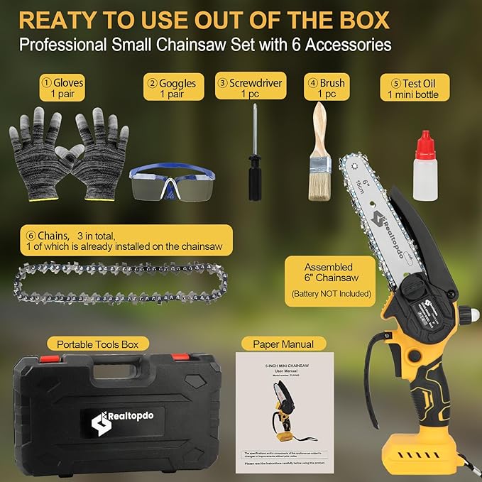 6 In Chainsaw Compatible with DeWalt Battery 20v - Mini Electric Cordless Brushless Chain Saw Handheld Compact Portable Mobile Small Trimming Pruning Chainsaw Set(Not Battery)