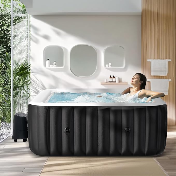 NAIZEA Inflatable Hot Tub - Outdoor Hot Tubs 2 to 4 Person, Portable Blow Up Spa Square Portable Hot Tub, 120 Soothing Bubble Air Jets, Cover, 2 Filter, 158 Gallon,57x57x25in