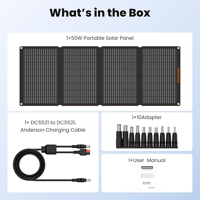 50W Portable Solar Panels,Foldable Solar Panel Charger IP68 Waterproof with USB-A and USB-C Ports DC 18V Output for Small Power Station Outdoor Camping RV Trip