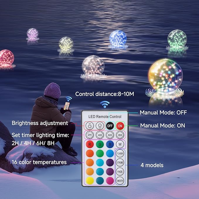 2 Pack Solar Floating Pool Lights, 14 Inch RGB Inflatable LED Pool Balls with Remote, IP68 Waterproof Color Changing Pool Lights That Float for Swimming Pool Party Yard Outdoor Night Decor