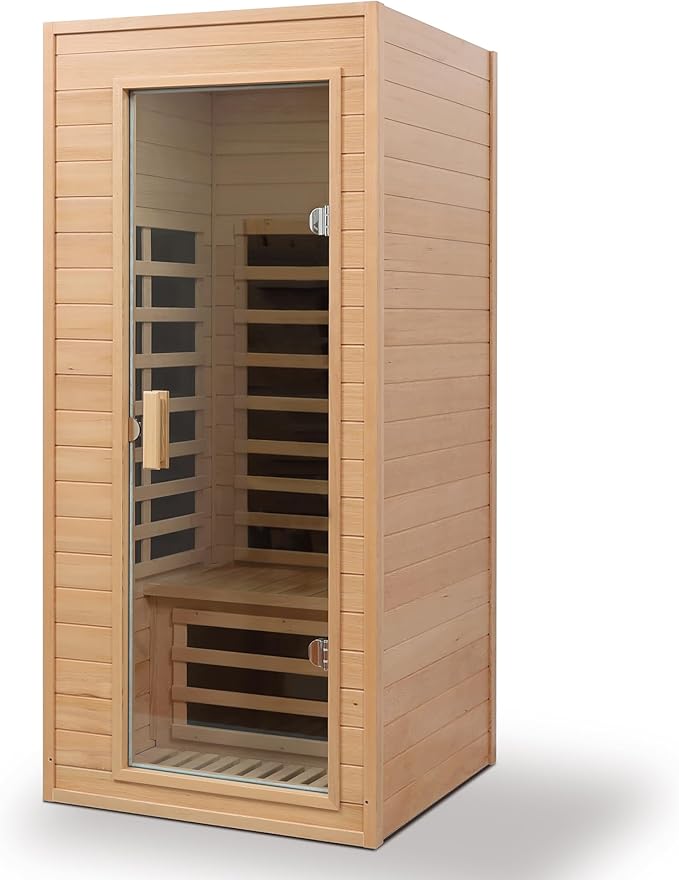 Infrared Sauna for Home Single Person Hemlock Far Infrared Roof Embedded Indoor Sauna for Home with Bluetooth & LED, Natural