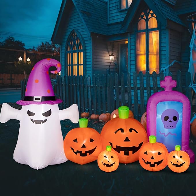 Halloween Decorations Outdoors 8FT Long Inflatable Pumpkin with Ghost and Skull Tombstone Scary Blow Up Halloween Pumpkin Decoration Built-in LEDs for Party Garden Lawn Decor
