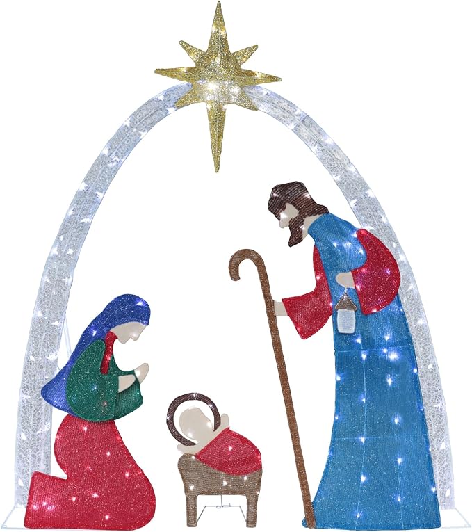 MUPATER 5ft Lighted Outdoor Christmas Decoration Nativity Scene, Lighted Christmas Yard Decor Nativity Set for Lawn and Home Holiday Party with Lights, Ground Stakes and Zip Ties, Multicolor