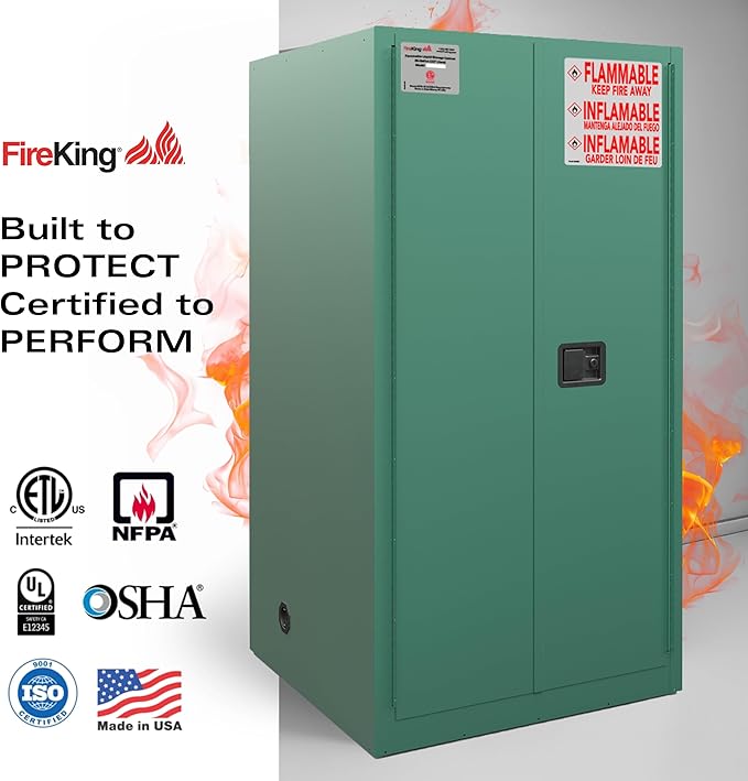 FireKing Green Flammable Safety Cabinet, Pesticides Flammable Storage Cabinet, 60 Gallon Steel Safety Cabinets with Manual Door for Commercial, Industrial & Home Use, 34" x 34" x 65"
