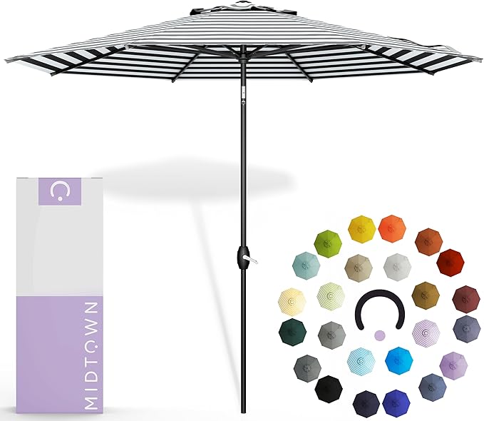 Midtown Umbrellas 10-Year-No-Fade - 9 Ft - UV Proof Zebra Stripes Polyester Fabric - Umbrella Outdoor Patio, Auto-Tilt Aluminum Frame Patio Umbrella for Garden, Pool & Deck - Black Pole