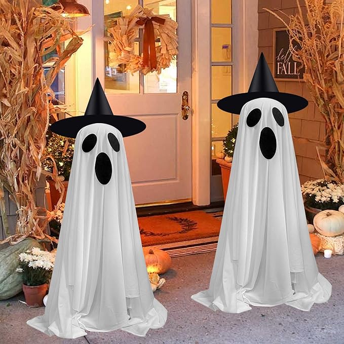 Outdoor Halloween Decorations - 2 Pack Light-Up Ghost Decor with Adjustable Height for Outdoor Porch & Yard, Frightening Standing Ghosts with LED Lights - Scare for a Haunted Halloween