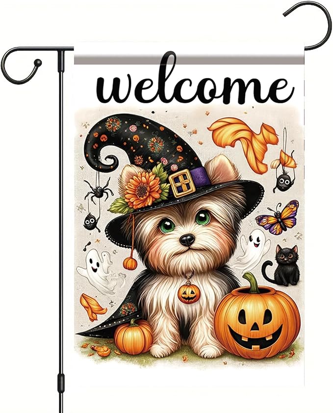 Halloween Garden Flag Yorkshire Terrier Flag 12x18 Inch Welcome Dog Pumpkin Yard Banner Double Sided Outdoor House Decor with Ghosts Black Cat for Fall Lawn Holiday Seasonal Decoration