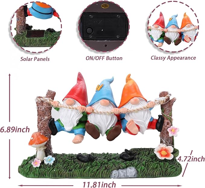 Garden Gnome Statue, Solar Swing Gnomes Figurine with Flowers and Mushrooms, Waterproof Resin Outdoor Decor for Patio Lawn Yard Home Tabletop Decoration