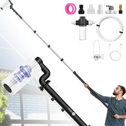 LyriFine Electric Solar Panel Cleaning Brush and Pole Kit, 20Ft Extendable Washing Kit with Water Fed Pole, 2 Speed & Soap Dispenser, Outdoor Window Cleaning Tool for Solar Panel, Window, Roof, RV