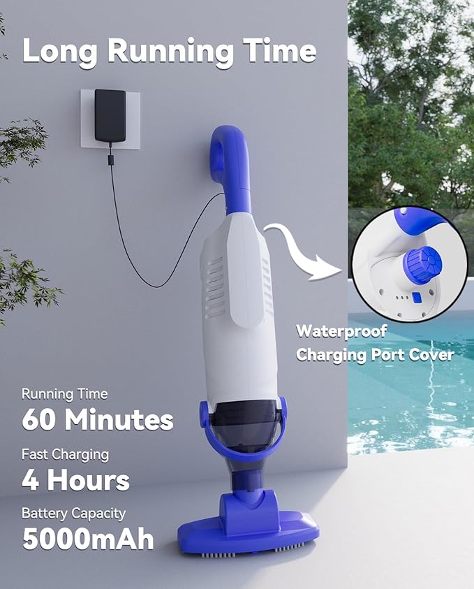 Cordless Pool Vacuum for Above Ground Pool, 60W Rechargeable Handheld Pool Vacuum Cleaner with Pole & 18GPM Suction, Spa Vacuum for Hot Tub, Above Ground/Inground Pools