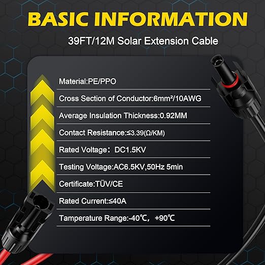 39Ft Solar Cable Solar Extension Cable,10AWG Solar Panel ExtensionCable with Female and Male Connectors,Waterproof Solar ExtensionCable Kit (Red and Black).