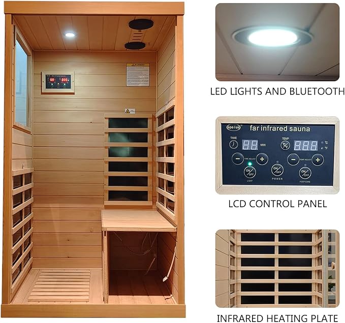 1 Person Infrared Sauna, Infrared Sauna Indoor,Home Sauna Low EMF Infrared Saunas, 1050Watt, Canadian Hemlock, Smart Display, 2 Bluetooth Speakers, Eye-Protection Reading Lamp
