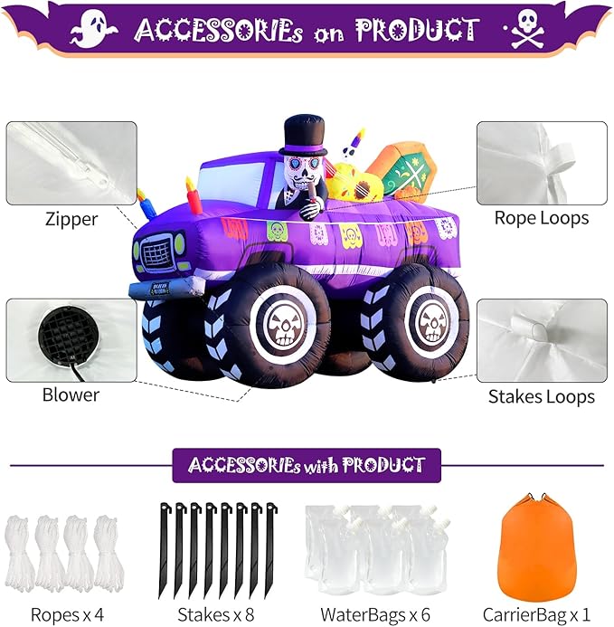 DomKom 7FT Halloween Inflatable Blow Up Decorations, Dia de Los Muertos Day of Dead Catrina Skulls Monster Truck, Built-in LEDs for Holiday Party, Garden, Lawn, Yard, Patio Décor