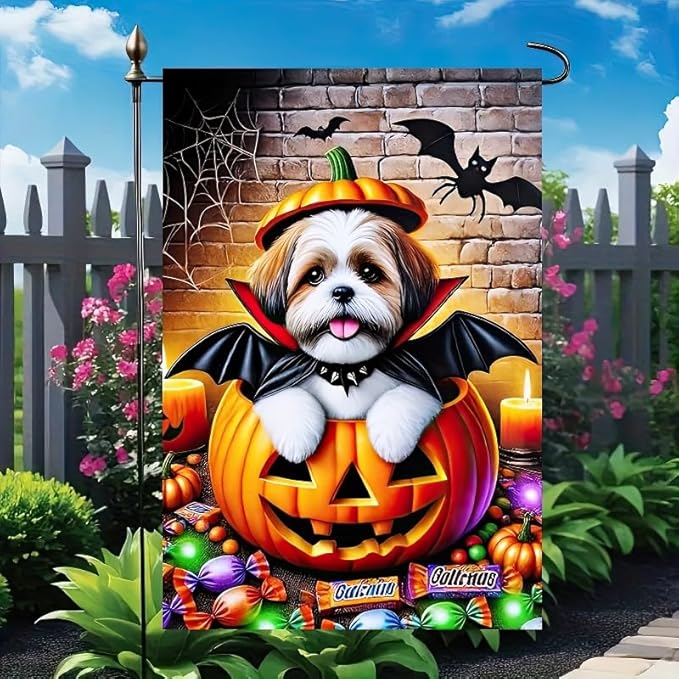 Happy Halloween Garden Flag 12x18 Double Sided Dog Pumpkin Garden Flag for Outside Witch Hat Small Flag for Outdoor Holiday Home Decor Banner