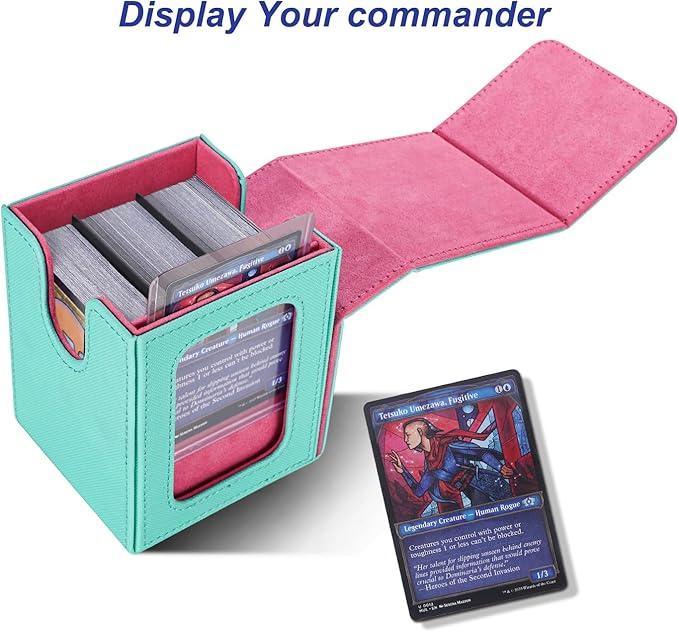 AFIING MTG Deck Box for Commander Display,Card Deck Case Fits 100 Double Sleeved Cards, Magic Commander TCG Card Storage Box with 2 Dividers,Dice Bag and 1 Toploader(Green Rose pink)