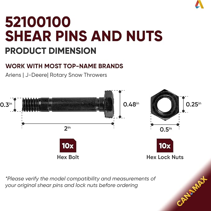 CANAMAX Pack of 10 Snowblower Shear Pins and Nuts 52100100 Compatible With Ariens ST924DLE, ST927LE, ST1130DLE, ST924LET, ST927LET, ST1130LET, ST27LE, ST824E, ST1027LE, ST824LET, ST1027LET Snowthrower