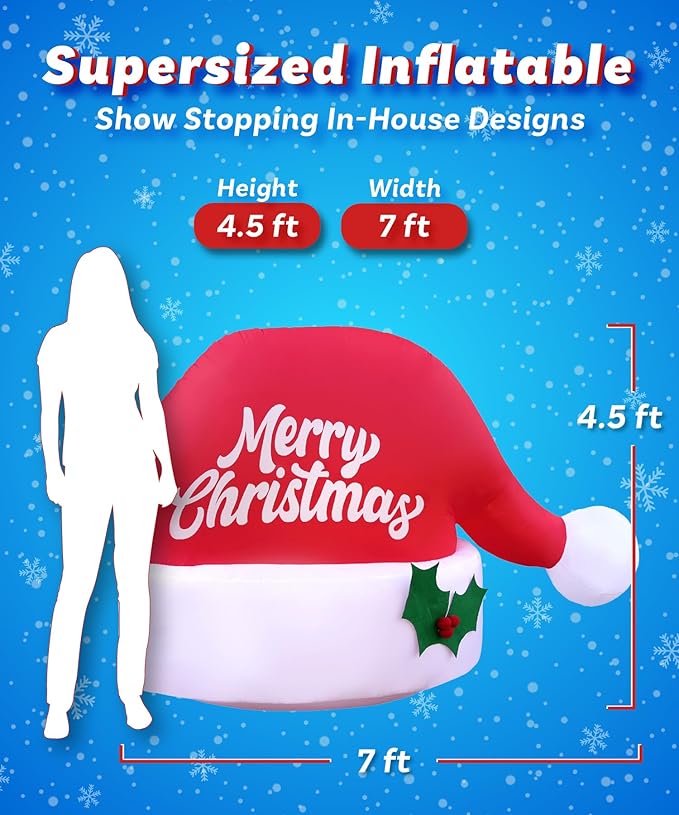 Holidayana Christmas Inflatables Large 4.5ft Tall Merry Christmas Santa Hat - Inflatable Outdoor Decorations Blow Up X-mas Decorations for Yard, Lawn & Garden Internal Lights & Built-in Fan