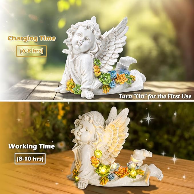 Solar Cherub Angel Outdoor Garden Decor Statues - 7 inches Baby Angel Figurines Outdoor Sculptures with Succulent, Garden Statues for Outside, Patio, Balcony, Lawn Ornaments or Housewarming Gift