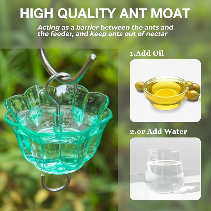 Kingsyard Glass Hummingbird Feeder for Outdoors Wild Bird Feeder with 6 Feeding Ports Hanging for Garden Yard, Green (Ant Moat Included)