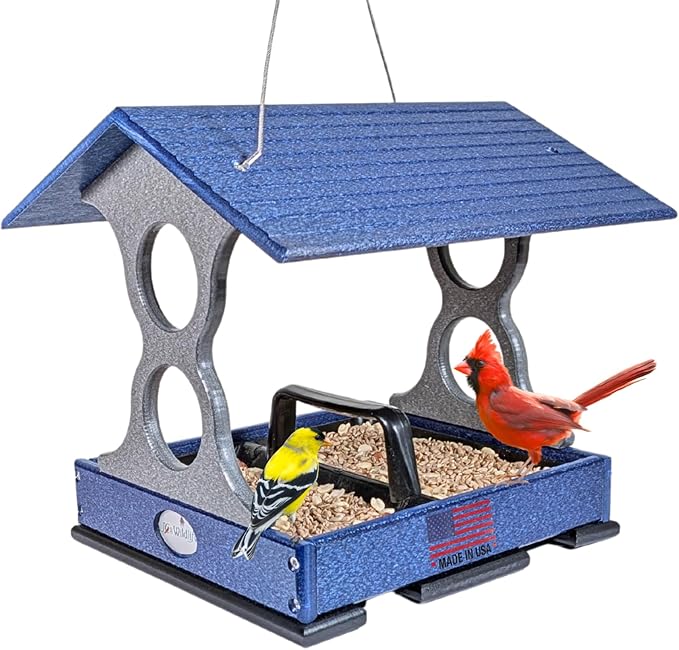 JCS Wildlife Medium Poly Fly-Thru Bird Feeder w/Removable Seed Tray - Holds 4 Cups of Bird Seed to Attract Cardinals, Chickadees, and More Backyard Birds (Blue)
