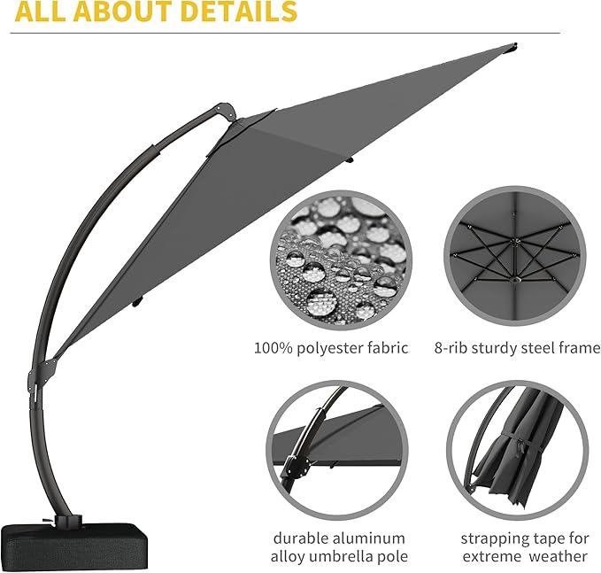 Kingdura 11ft Offset Cantilever Patio Umbrella with Base Included, Large Round Aluminum Outdoor Umbrella, 360° Rotation & Infinite Tilt, Heavy Duty Frame for Deck Pool Backyard, Grey