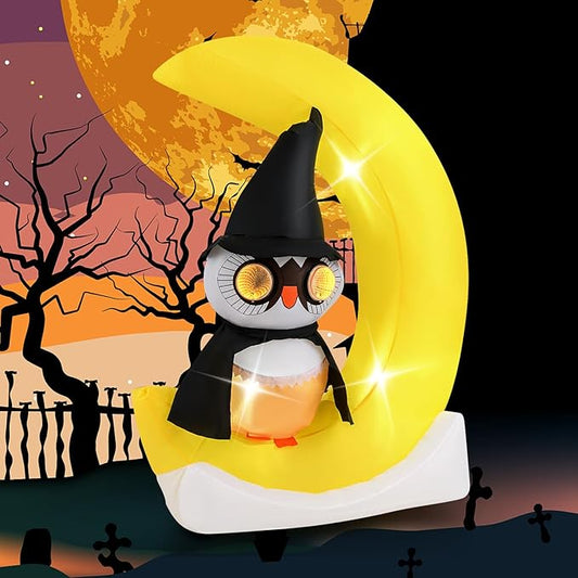 Goplus 5.1 Ft Halloween Inflatables, Pre-Lit Owl on The Moon with Witch Hat, Blow up Cute Halloween Decoration with Built-in LEDs, Holiday Outdoor Indoor Decoration for Party, Lawn, Yard