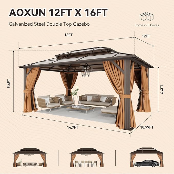 Aoxun 12'x16' Hardtop Gazebo, Aluminum Frame Permanent Pavilion with Netting and Curtains, Outdoor Polycarbonate Double Roof Canopy, Designed for Lawn, Garden, Patio (Brown)