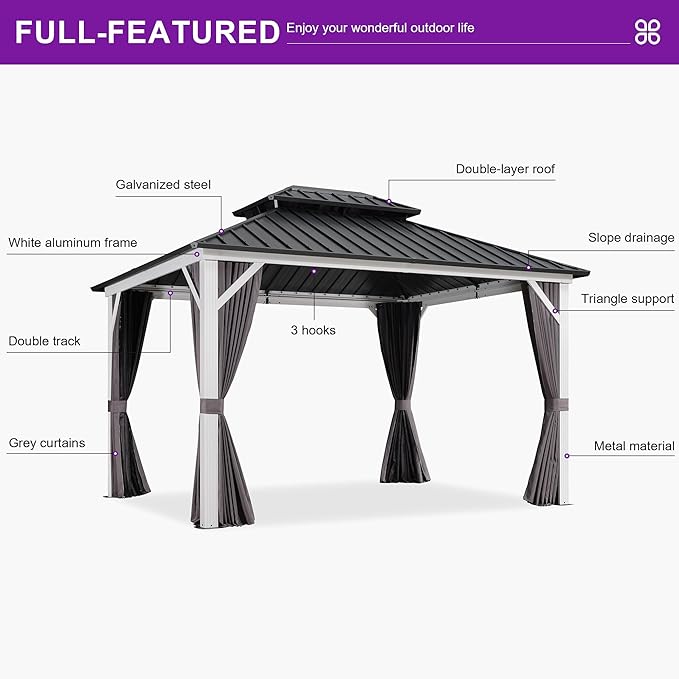 PURPLE LEAF 10' X 12' Gazebo White Aluminum Frame Galvanized Double Roof Hardtop Gazebo Curtains and Netting Included with String Lights for Garden Deck Lawns and Backyard, Grey