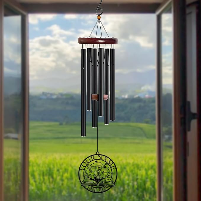 Personalized Customize Name Fantasy Mushroom Wonderland Wind Chime, Metal Iron 37 Inch Outdoor Memorial Gift for Garden Yard Patio Home Decor, Black (Style C)