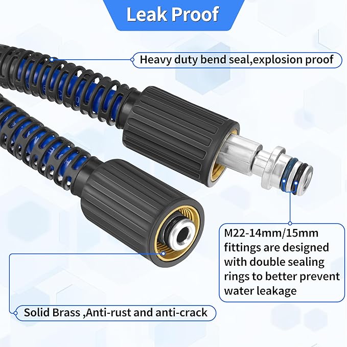 Pressure Power Washer Hose 100 FT x 1/4", Super Flexible Kink Resistant Car Washer Replacement with M22 Fittings & 3/8" Quick Connect Adapters for Ryobi Troy Bilt Flexzilla Greenworks & More, 4200PSI